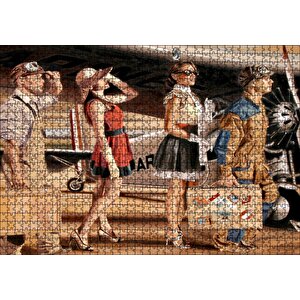 Eski Uçak, Pilotlar Ve Kadın Yolcular Puzzle Yapboz Mdf Ahşap 1000 Parça