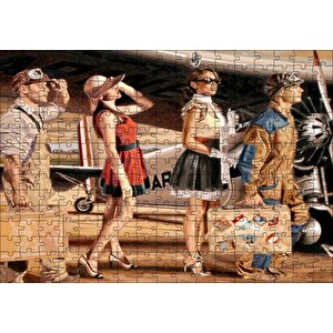 Eski Uçak, Pilotlar Ve Kadın Yolcular Puzzle Yapboz Mdf Ahşap 255 Parça