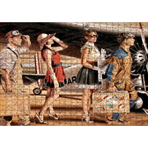 Eski Uçak, Pilotlar Ve Kadın Yolcular Puzzle Yapboz Mdf Ahşap 500 Parça