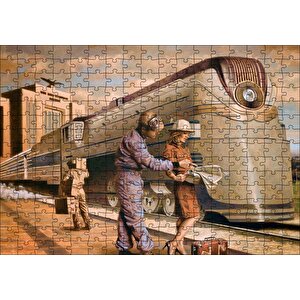 Fütüristik Tren Ve Eski Kıyafetli Yolcular Puzzle Yapboz Mdf Ahşap 255 Parça