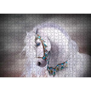 Beyaz At Yelesi Ve Süslü Koşumları Puzzle Yapboz Mdf Ahşap 500 Parça