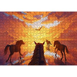 Kızıl Bulutlu Gökler Sudaki Aksi Ve Koşan Atlar Puzzle Yapboz Mdf Ahşap 500 Parça