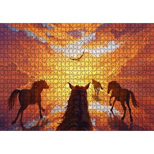 Kızıl Bulutlu Gökler Sudaki Aksi Ve Koşan Atlar Puzzle Yapboz Mdf Ahşap 1000 Parça