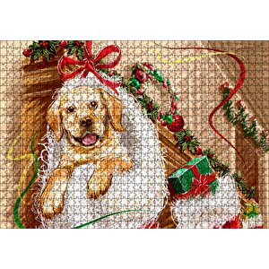 Şömineye Asılı Yılbaşı Hediyeleri Ve Yavru Köpek Puzzle Yapboz Mdf Ahşap 1000 Parça