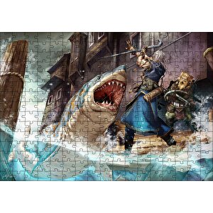 Vikingler Ve Saldıran Köpekbalığı İllüstrasyon Puzzle Yapboz Mdf Ahşap 255 Parça