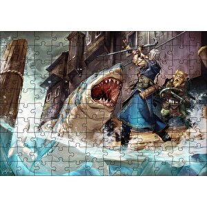 Vikingler Ve Saldıran Köpekbalığı İllüstrasyon Puzzle Yapboz Mdf Ahşap 120 Parça
