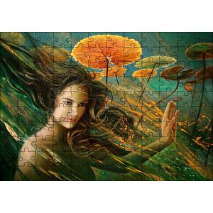 Genç Kadın Ve Dev Yapraklar Yağlıboya Efekt Puzzle Yapboz Mdf Ahşap 120 Parça
