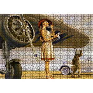 Eski Uçak Ve Beyaz Elbiseli Mektup Okuyan Kadın Puzzle Yapboz Mdf Ahşap 1000 Parça