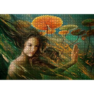 Genç Kadın Ve Dev Yapraklar Yağlıboya Efekt Puzzle Yapboz Mdf Ahşap 1000 Parça