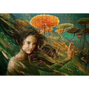 Genç Kadın Ve Dev Yapraklar Yağlıboya Efekt Puzzle Yapboz Mdf Ahşap 500 Parça