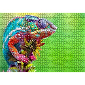 Yeşil Arkaplan Ve Dalda Rengarenk Bukalemun Puzzle Yapboz Mdf Ahşap 1000 Parça
