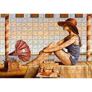 Lacivert Mayolu Kadın Ve Gramofon Puzzle Yapboz Mdf Ahşap 255 Parça