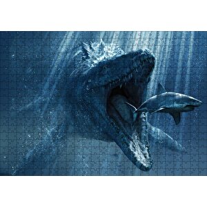Jurassic World Megalodon Ve Büyük Beyaz Köpek Balığı Puzzle Yapboz Mdf Ahşap 500 Parça