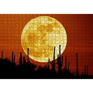 Arizona'da Kaktüsler Ve Arkada Muhteşem Süper Ay Puzzle Yapboz Mdf Ahşap 500 Parça