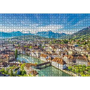 İsviçre Luzern Ve Arkaplanda Dağlar Puzzle Yapboz Mdf Ahşap 1000 Parça