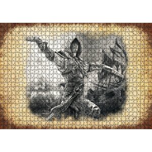 Karakalem Silahlı Korsan Ve Arkada Gemisi Puzzle Yapboz Mdf Ahşap 1000 Parça