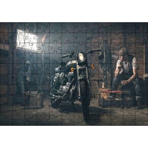 Royal Enfield Motorsiklet Ve Sigara İçen Adam Puzzle Yapboz Mdf Ahşap 120 Parça