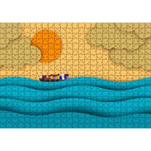 Mavi Dalgalar Yük Gemisi Güneş Ve Bulutlar Puzzle Yapboz Mdf Ahşap 500 Parça