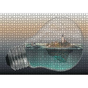 Ampul İçinde Okyanus Ve Ada İllüstrasyonu Puzzle Yapboz Mdf Ahşap 1000 Parça