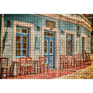 Otantik Yunan Kafeteryası Ve Kırmızı Sandalyeler Puzzle Yapboz Mdf Ahşap 1000 Parça