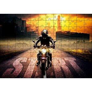 Motorsikletli Adam Günbatımı Ve Gökdelenler Puzzle Yapboz Mdf Ahşap 120 Parça