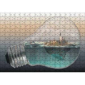 Ampul İçinde Okyanus Ve Ada İllüstrasyonu Puzzle Yapboz Mdf Ahşap 255 Parça