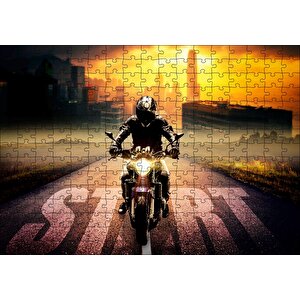 Motorsikletli Adam Günbatımı Ve Gökdelenler Puzzle Yapboz Mdf Ahşap 255 Parça