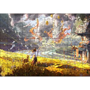 Genç Kadın Ve Dev Yapraklar Yağlıboya Efekt Puzzle Yapboz Mdf Ahşap 120 Parça