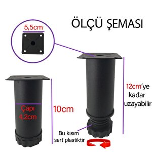 4 Adet Metal Ayarlanabilir 10 Cm Siyah Destek Ayağı Mobilya Kanepe Baza Koltuk Dolap Sehpa Tv Ünitesi Ayağı