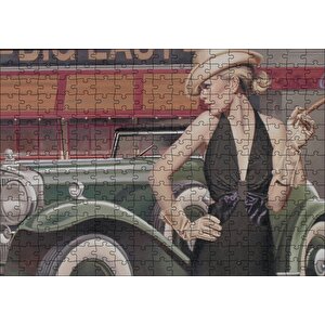 Yeşil Antika Araba Ve Puro İçen Kadın Puzzle Yapboz Mdf Ahşap 255 Parça