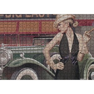 Yeşil Antika Araba Ve Puro İçen Kadın Puzzle Yapboz Mdf Ahşap 500 Parça
