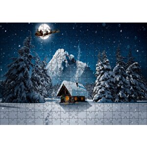 Kulübe Karlı Dağ Geyikler Ve Noel Baba Puzzle Yapboz Mdf Ahşap 255 Parça