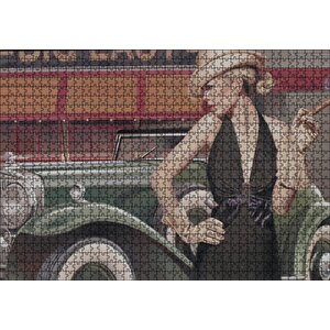 Yeşil Antika Araba Ve Puro İçen Kadın Puzzle Yapboz Mdf Ahşap 1000 Parça