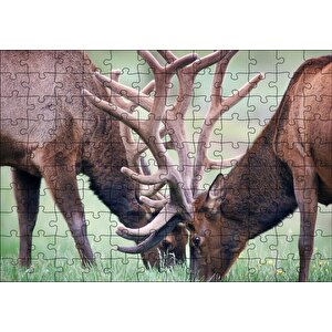 Yeşil Çayırda Otlayan Boynuzlu Geyikler Puzzle Yapboz Mdf Ahşap 120 Parça