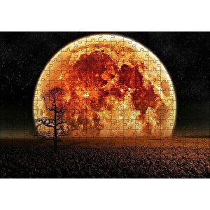 Tarlada Yalnız Ağaç Ve Olağanüstü Süper Ay Puzzle Yapboz Mdf Ahşap 255 Parça