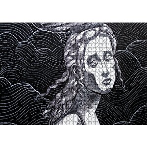 Siyah Beyaz Gravür Hüzünlü Bakışlı Kadın Puzzle Yapboz Mdf Ahşap 1000 Parça