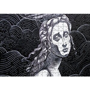 Siyah Beyaz Gravür Hüzünlü Bakışlı Kadın Puzzle Yapboz Mdf Ahşap 255 Parça