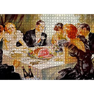 Yağlıboya Görünümlü Yemek Masası Ve Konuklar Puzzle Yapboz Mdf Ahşap 1000 Parça