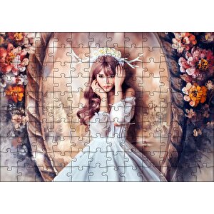 Ayna Ve Çiçekler Önünde Beyaz Elbiseli Geyik Boynuzlu Kız Puzzle Yapboz Mdf Ahşap 120 Parça