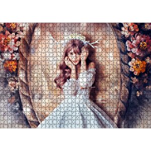 Ayna Ve Çiçekler Önünde Beyaz Elbiseli Geyik Boynuzlu Kız Puzzle Yapboz Mdf Ahşap 1000 Parça