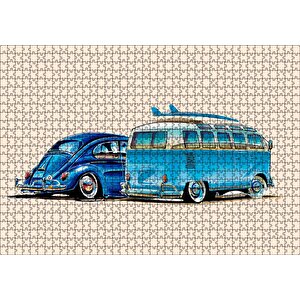 Mavi Renk Vosvos Minübüs Otomobil Görseli Puzzle Yapboz Mdf Ahşap 1000 Parça