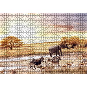Savanada Su Kenarındaki Hayvanlar Puzzle Yapboz Mdf Ahşap 1000 Parça