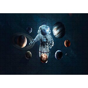 Uzay Astronot 7 Gezegen Görseli Puzzle Yapboz Mdf Ahşap 255 Parça