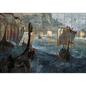 Dalgalı Denizde Viking Gemileri Puzzle Yapboz Mdf Ahşap 120 Parça