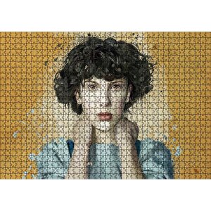 Sarı Zemin Duvar Boyama Kadın Portre Puzzle Yapboz Mdf Ahşap 1000 Parça