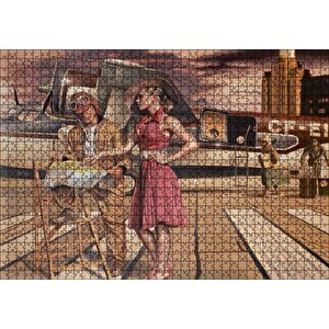 Eski Uçak Pilot Ve Kırmızı Elbiseli Kadın Puzzle Yapboz Mdf Ahşap 1000 Parça
