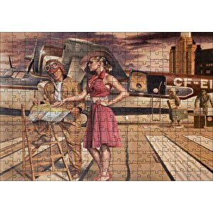 Eski Uçak Pilot Ve Kırmızı Elbiseli Kadın Puzzle Yapboz Mdf Ahşap 255 Parça