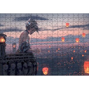 Balkonda Anime Karakteri Kız Ve Dilek Ateşleri Puzzle Yapboz Mdf Ahşap 255 Parça