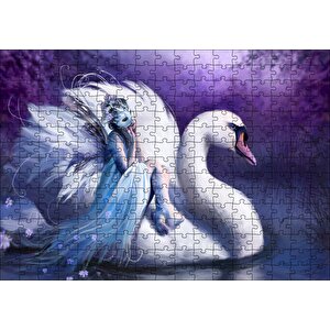 Beyaz Dev Kuğu Ve Sırtındaki Maskeli Kadın Puzzle Yapboz Mdf Ahşap 255 Parça