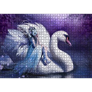 Beyaz Dev Kuğu Ve Sırtındaki Maskeli Kadın Puzzle Yapboz Mdf Ahşap 1000 Parça
